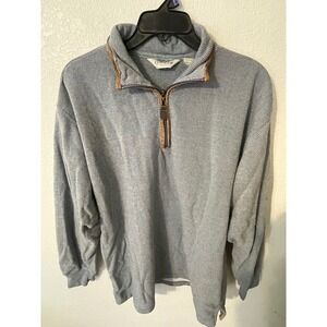 ORVIS Mens 1/4 Zip Sweater Light Blue Textured Cotton Blend Leather Trim